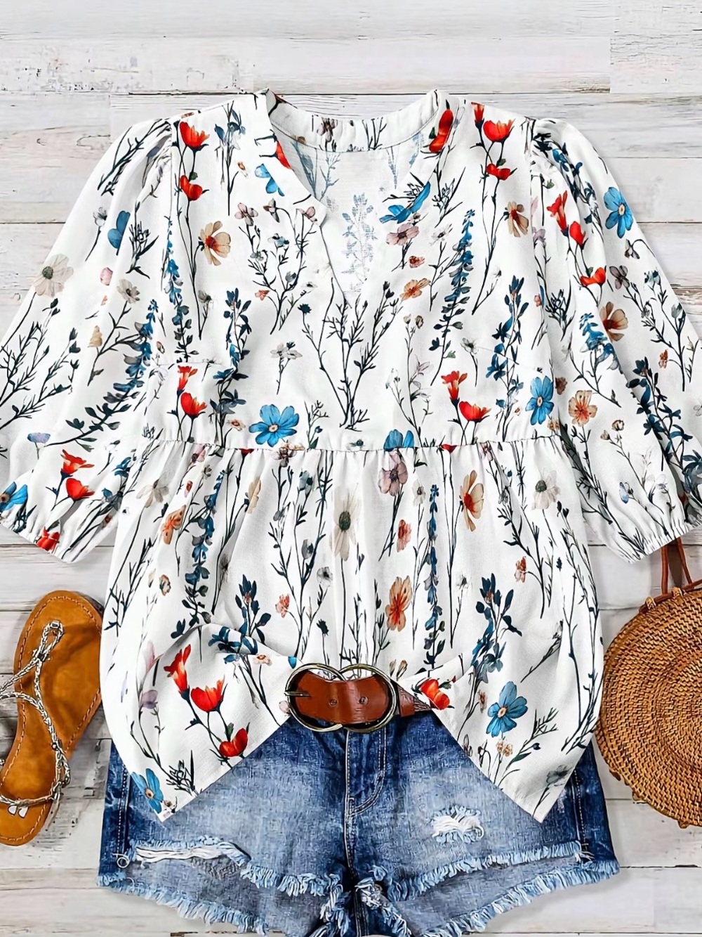 Floral Peasant Blouse with Blue & Coral Blooms - Size 1XL